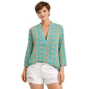 Karlie Women Teal Geometric Diamond Print V-Neck Tunic Blouse  M